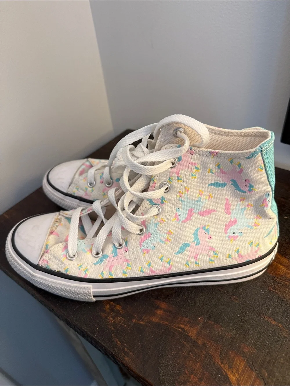 Converse Kids High-Top Sneakers in White with Pink & Teal Unicorns